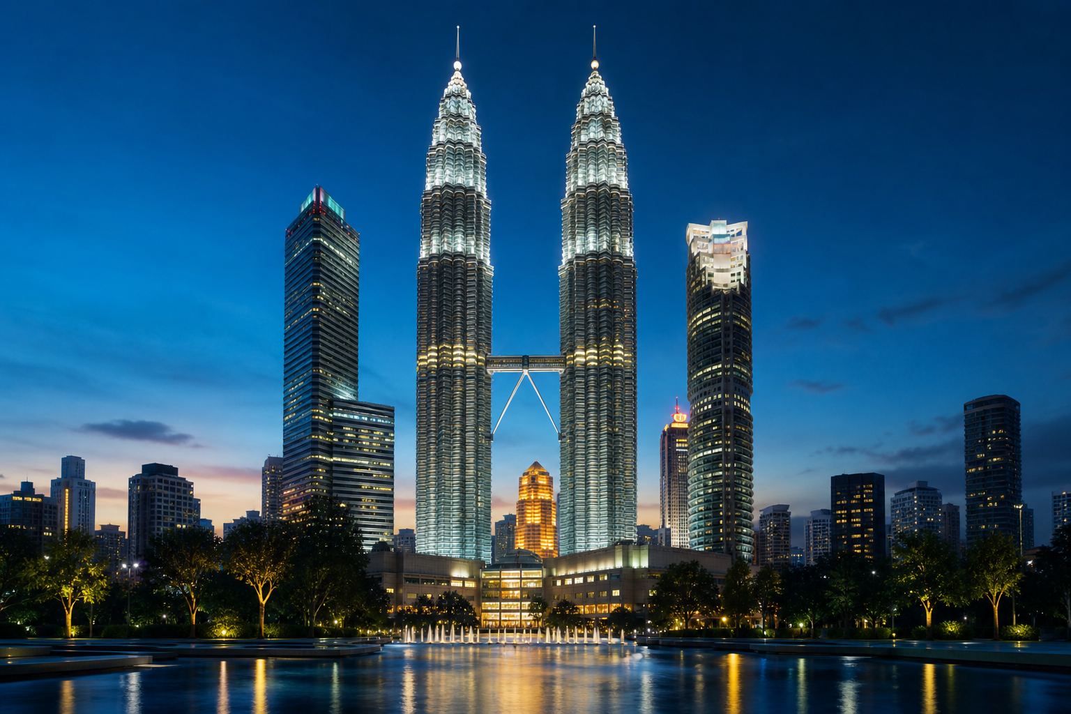 Petronas Twin Towers and the Kuala Lumpur skyline at blue hour